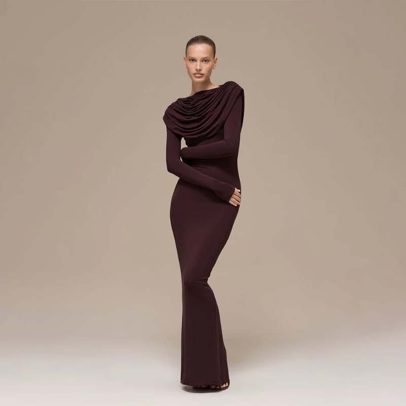 2025 Autumn/Winter Foreign Trade European and American Style Long Sleeve Draped Neck Elegant Dress Fashion Solid Color Waist-Cinching Split Long Skirt