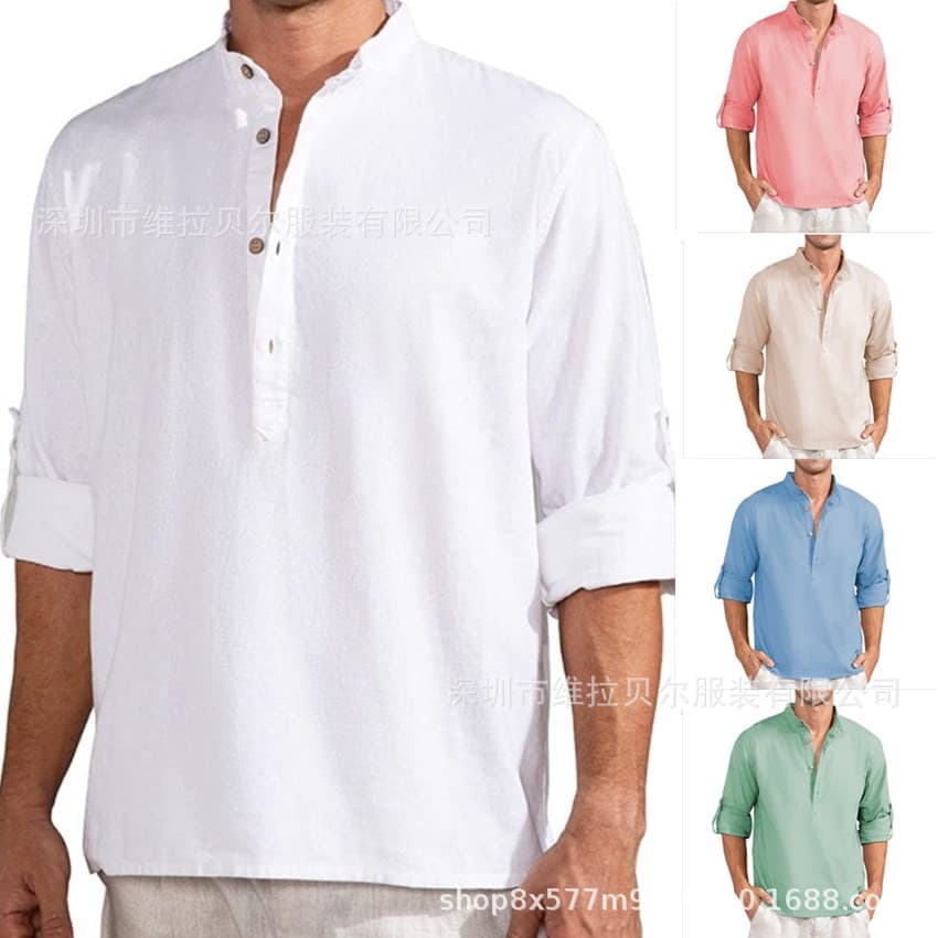 Large Stock, Amazon Export Men's Linen Long Sleeve Loose Solid Cotton-Linen Shirt, Roll-Up Sleeve, Big Size
