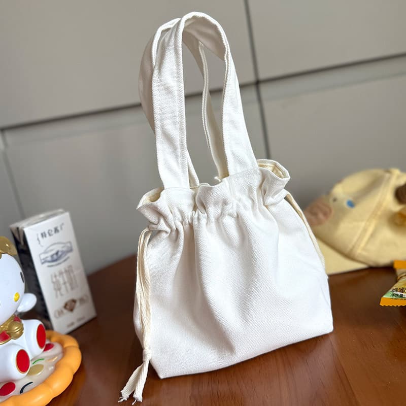 White Canvas Bag Women's New Japanese Sweet Style Tote Bag Handheld Drawstring Artistic Cinch-Top Shoulder Canvas Bag