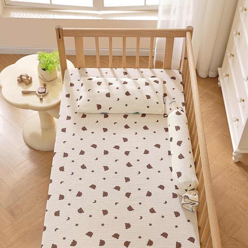 Cross-border Class A Pure Cotton Double Layer Crinkle Gauze Baby Crib Fitted Sheet Infant Crib Sheet Cartoon 100% Cotton Mattress Cover Bed Sheet Baby