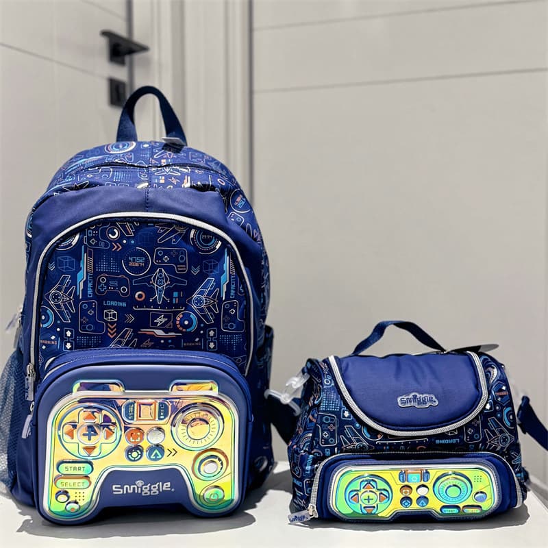 Australian Smiggle Backpack Blue Game Controller Design Student School Bag with Water Bottle, Insulated Lunch Bag Set
