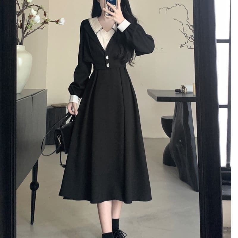 Plus-size design, faux two-piece long-sleeved dress for women, autumn and winter, slim waist, elegant, professional interview dress.