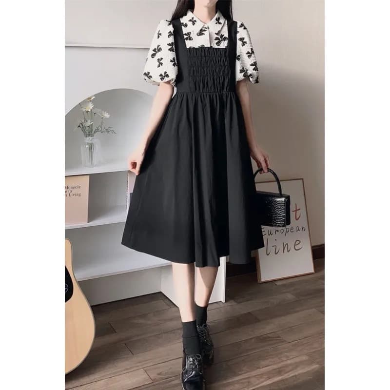 Summer forest dress 2025 new splicing fake two-piece niche puff sleeves cute and gentle knee-length skirt