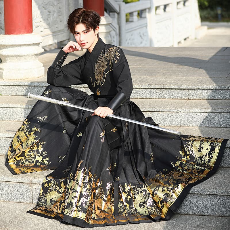 Chinese-style Ming Dynasty dragon pattern gold-stamped horse face skirt, new Chinese cross-collar Hanfu, ancient style Han element costume performance costume for men.