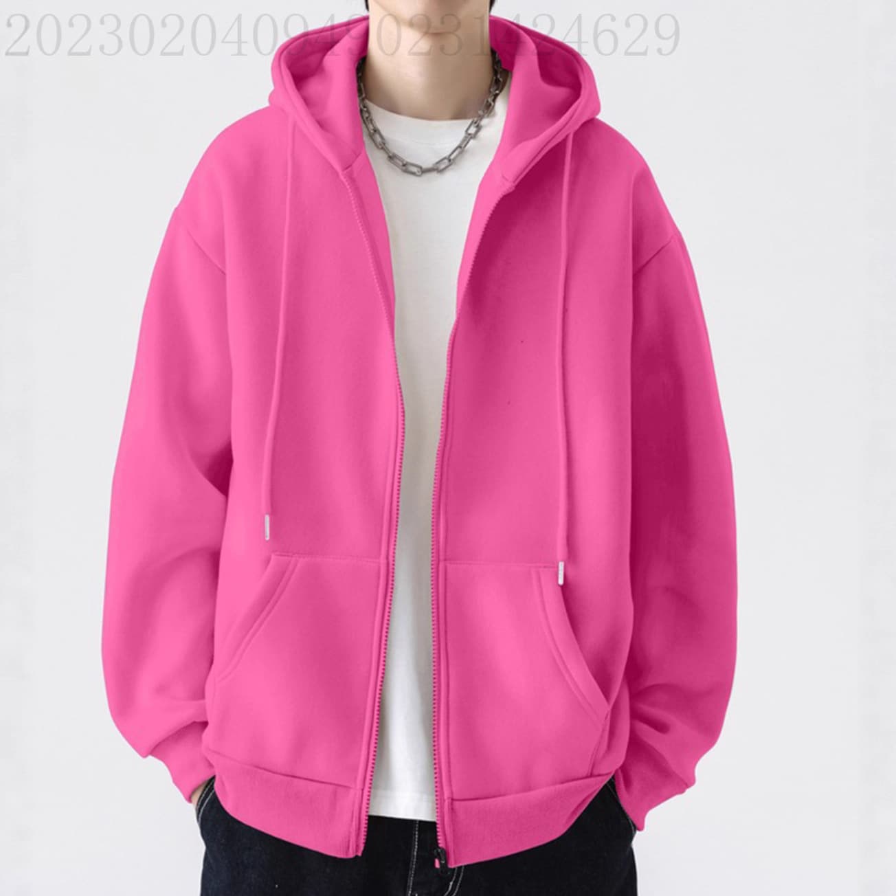 Hooded Sweatshirt Jacket Men Vintage Heavyweight Cardigan Casual Versatile Jacket Light Fleece Rose Red