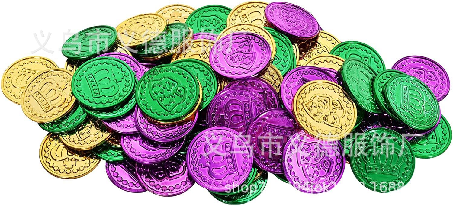 In-stock Mardi Gras Carnival Coins, Electroplated Tri-color Gold Purple Green Party Festival Plastic Coins
