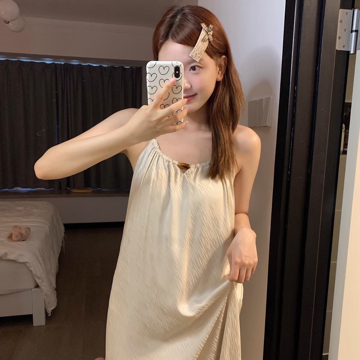 Chinese Style Premium Ice Silk Camisole Sleep Dress for Women with Built-in Pads, Wearable Outside Summer Nightgown, Homewear