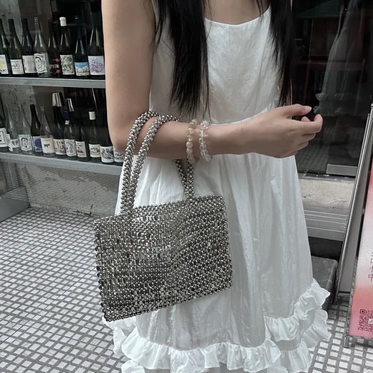 Korean-style Fashion Handwoven Tote Bag Summer Trendy Silver Sparkle Versatile Beaded Ins Handbag