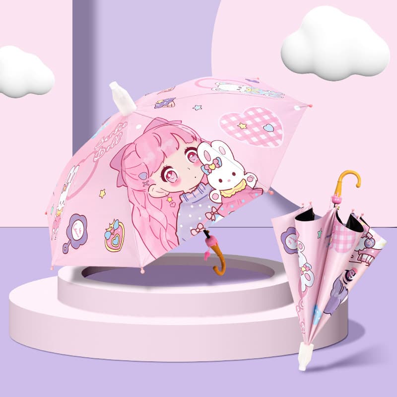 Safe children's umbrella for girls and boys, curved hook long handle, dual-use for sun and rain, for elementary school and kindergarten kids.