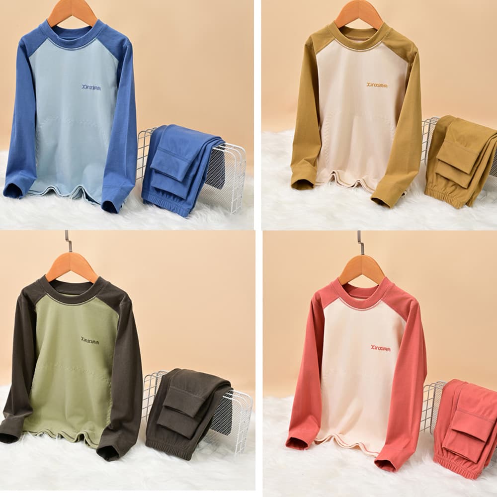 Children's Thermal Underwear Set Boys' Pajamas Patchwork Mid-Large Kids Autumn Long Johns Cloud Fleece Girls' Base Layer Cotton