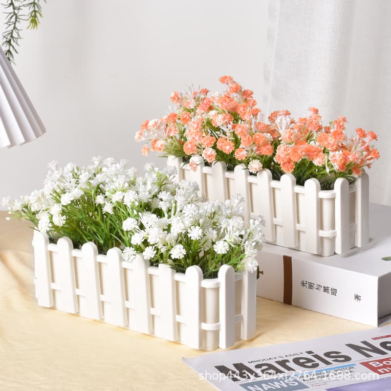 Artificial Succulent Fence Decoration with Small Picket Fence, Flower Arrangement, Long Plastic Flower Pot, Home Decoration Flower Basket