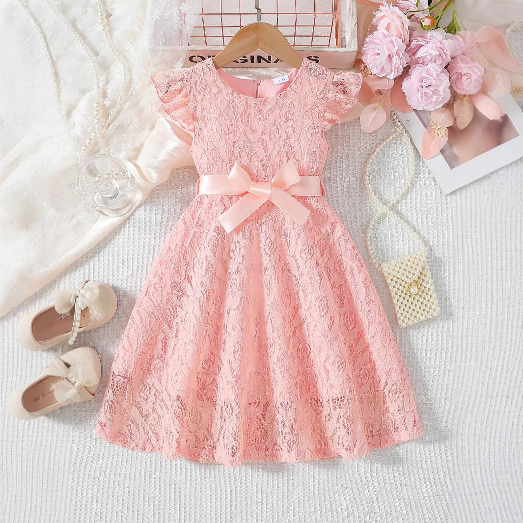 Amazon Cross-Border Children's Clothing Wholesale Girls Elegant Solid Lace Dress Piano Wedding Performance with Belt