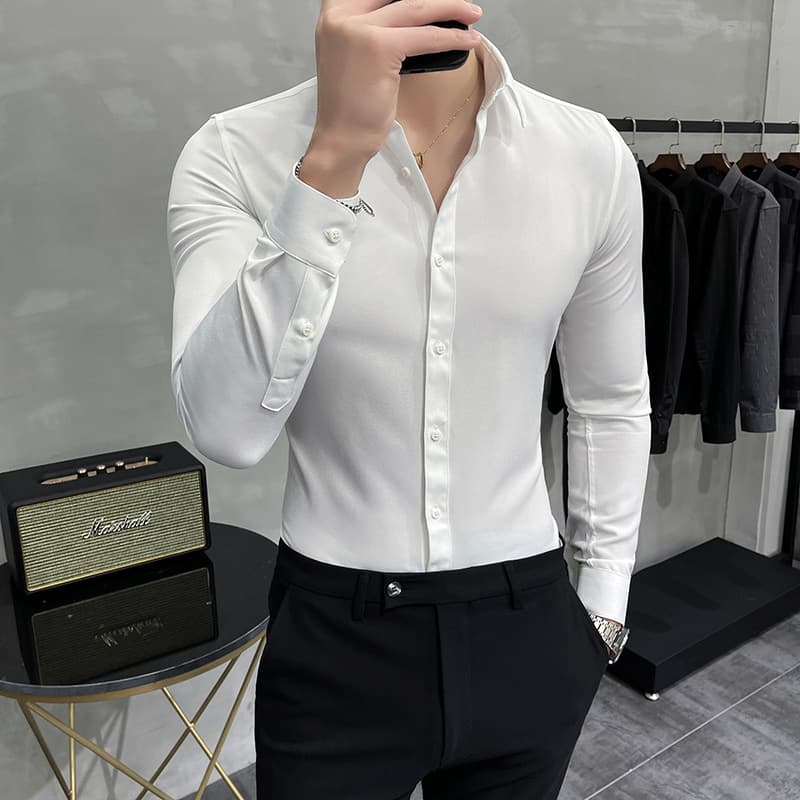 Men's Wholesale Spring Autumn Men's Shirt 2025 Korean Style Solid Color Long Sleeve Wrinkle-Free Groomsman Outfit Slim Fit Plus Size Men's Dress Shirt