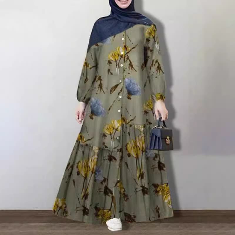 European and American style printed long-sleeve loose casual floral maxi dress, AliExpress 2024 vintage dress European and American style