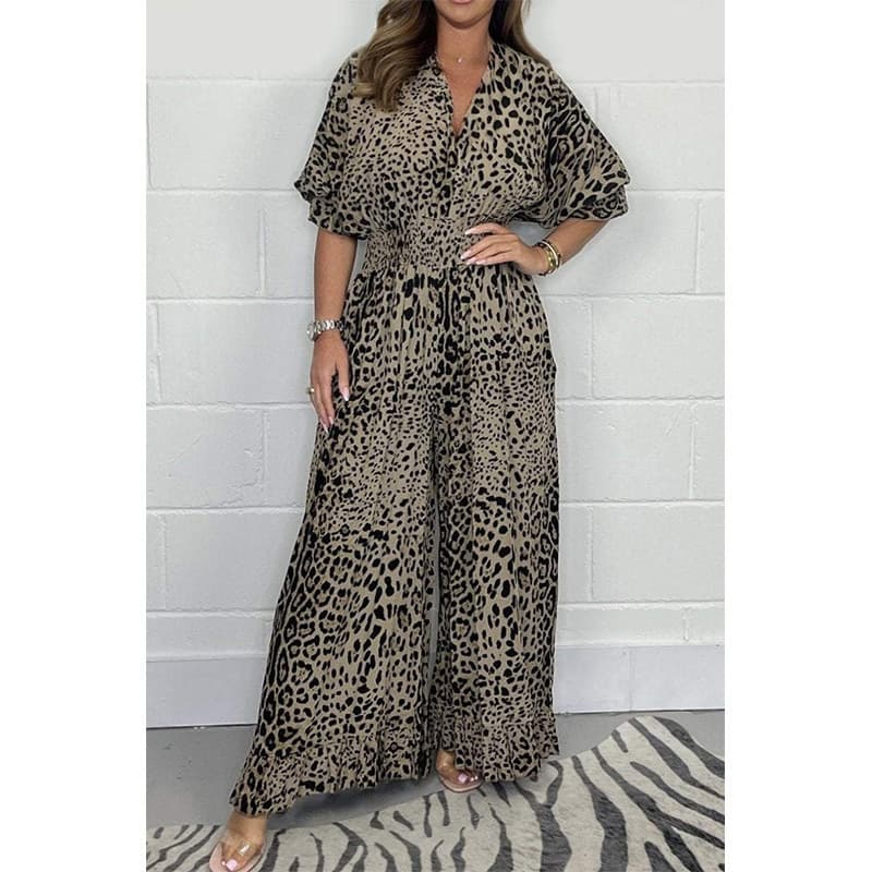 European and American Cross-Border Women's Clothing Amazon Independent Station 2024 New Fashion Leopard Print Casual Wide-Leg Jumpsuit