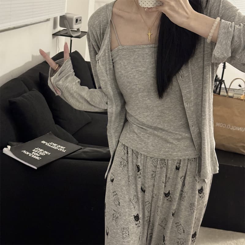 Sexy suspender three-piece pajamas for women, spring, autumn and winter modal cotton long-sleeved, high-end home wear with chest pads