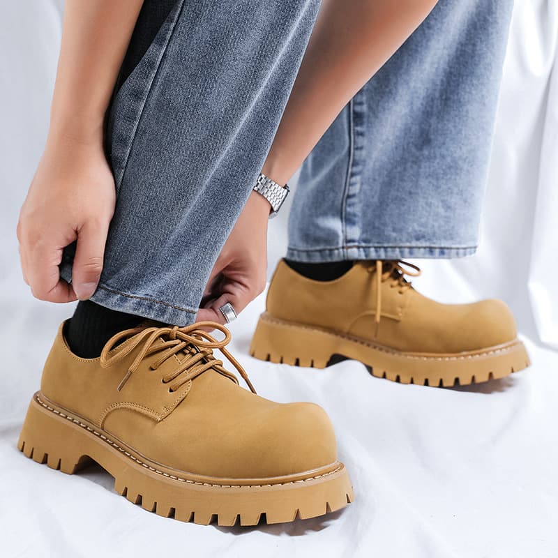 Men's Thick-Soled Derby Boots, Low-Top, British Style, Yellow Boots, Work Leather Shoes 1035-M