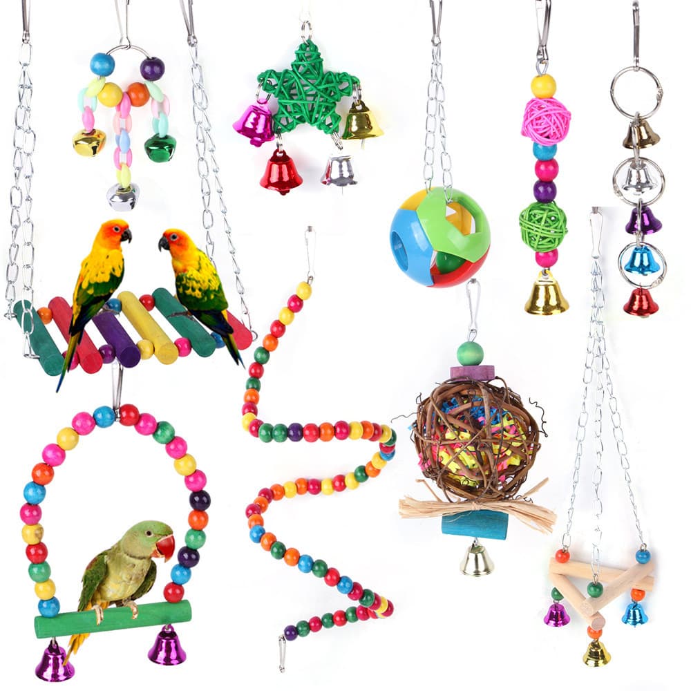 Bird Toy Collection Parrot Ladder Hanging Cage Swing Chewing Toy Rattan Ball Bell String Parrot Mirror Bird Perch Stand