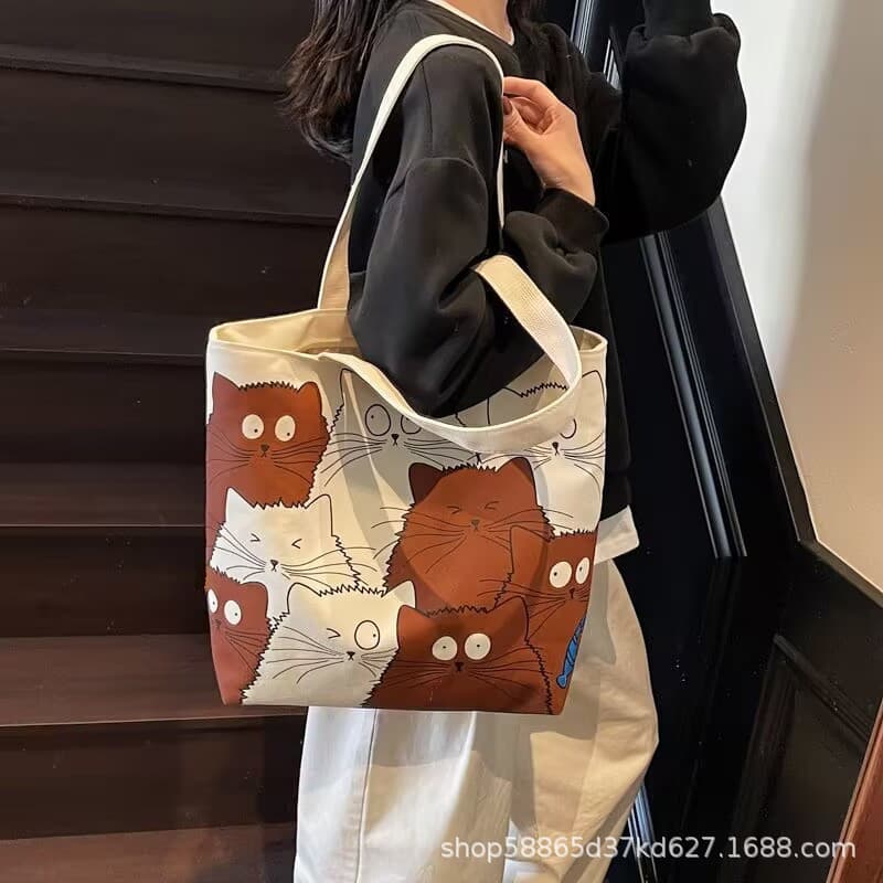Cute cat ins large capacity tote bag commuter bag shopping bag versatile large canvas bag hand shoulder bag