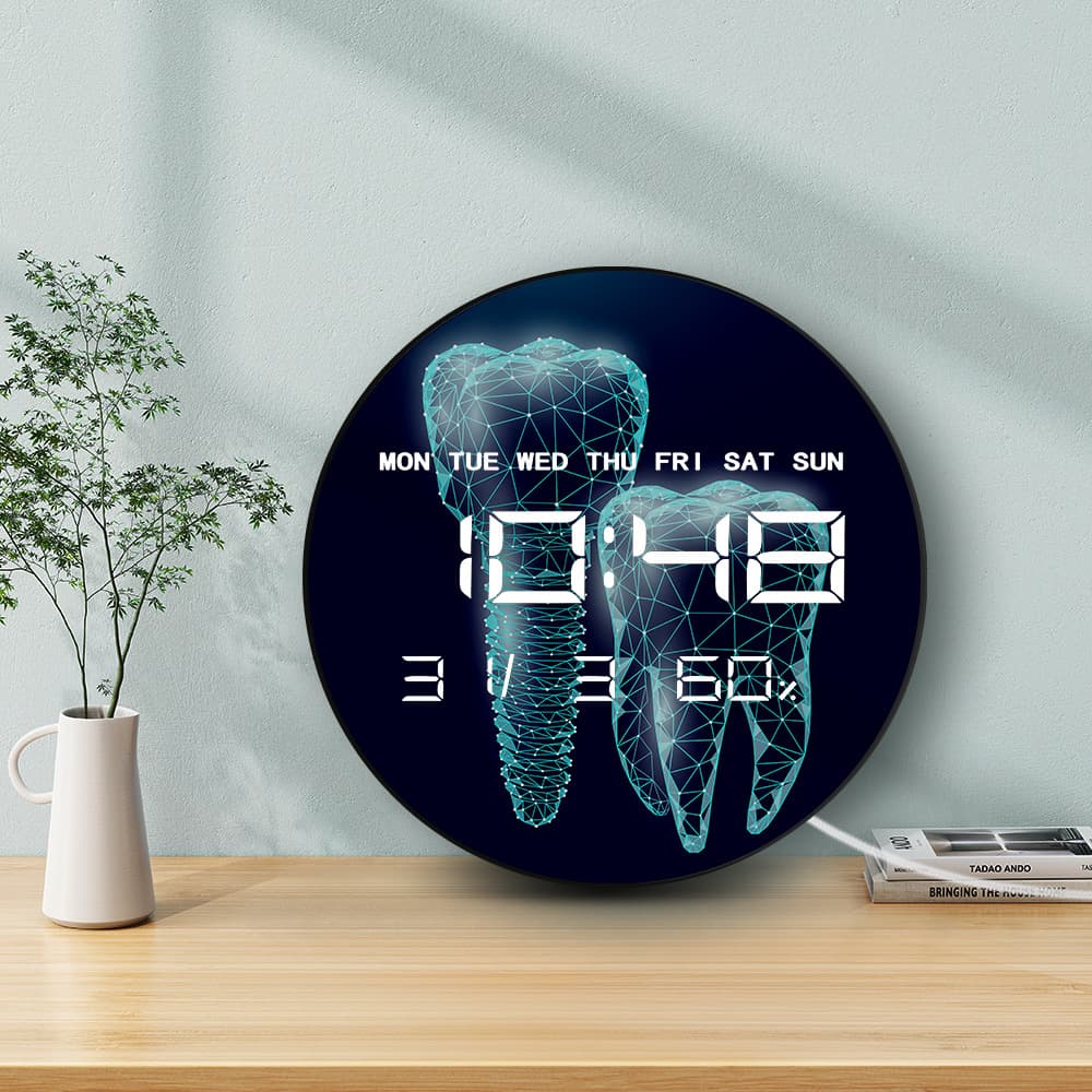 Teeth Dental Clinic Casual Living Room Wall Clock Electronic Multifunctional Home Clock with Temperature Humidity Silent Wall Clock