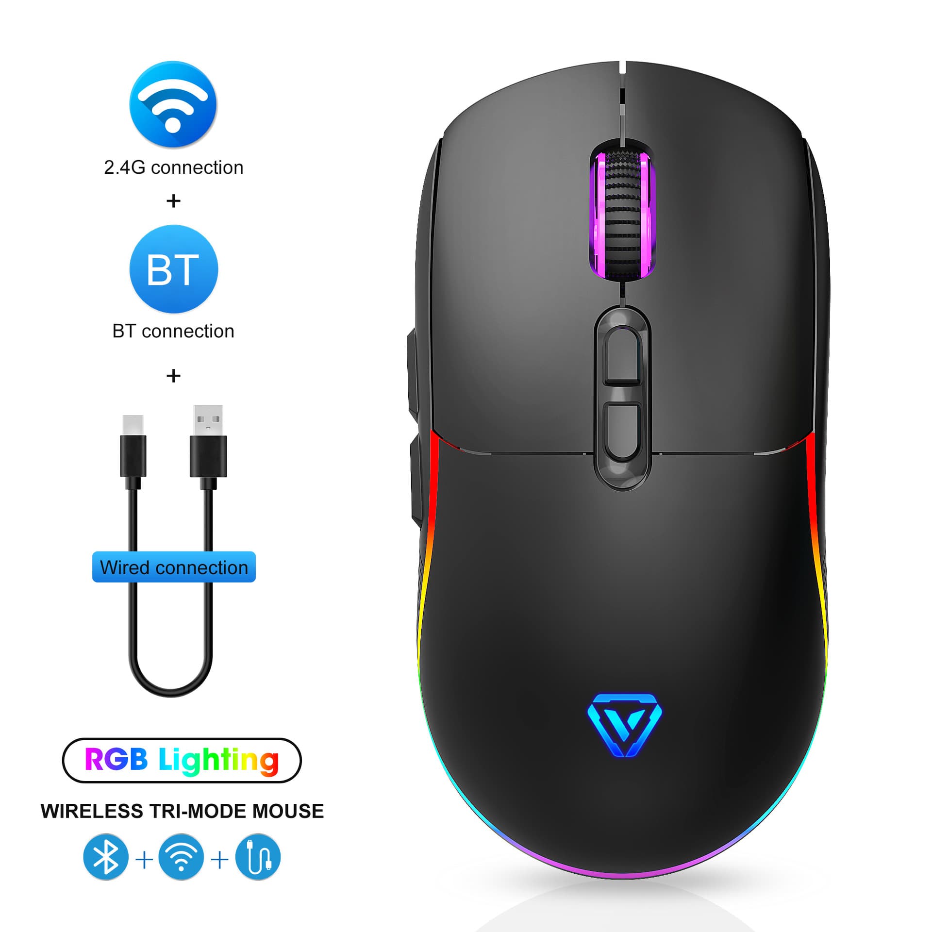 In Stock Wired 2.4G Wireless Bluetooth Tri-Mode Esports Gaming Mouse for Computer Laptop RGB Light Rechargeable