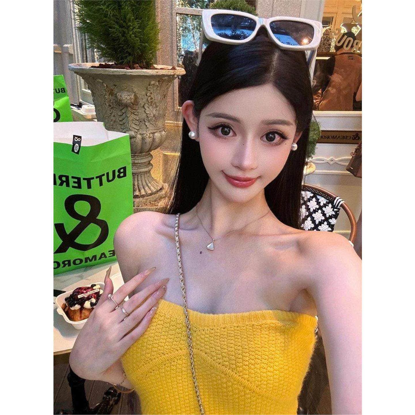 Thai Style Sexy Tube Top Knit Vest Women's Bright Yellow Bustier Short Knit Vest Crop Top Trendy