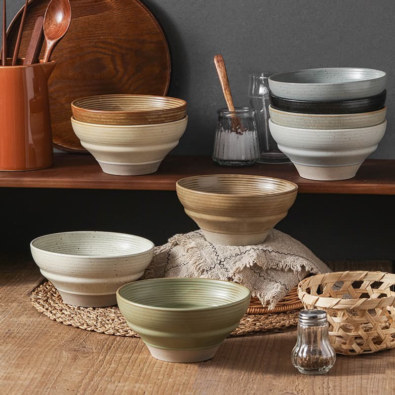 Stoneware Japanese style ceramic ribbed rice bowl dessert snack salad bowl creative retro tableware wholesale home eating bowl