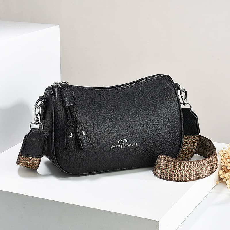Minimalist Elegant Lychee Pattern Soft Leather Cylinder Bag, Solid Color, Casual Style, Wide Shoulder Strap, Trendy Fashion Bag