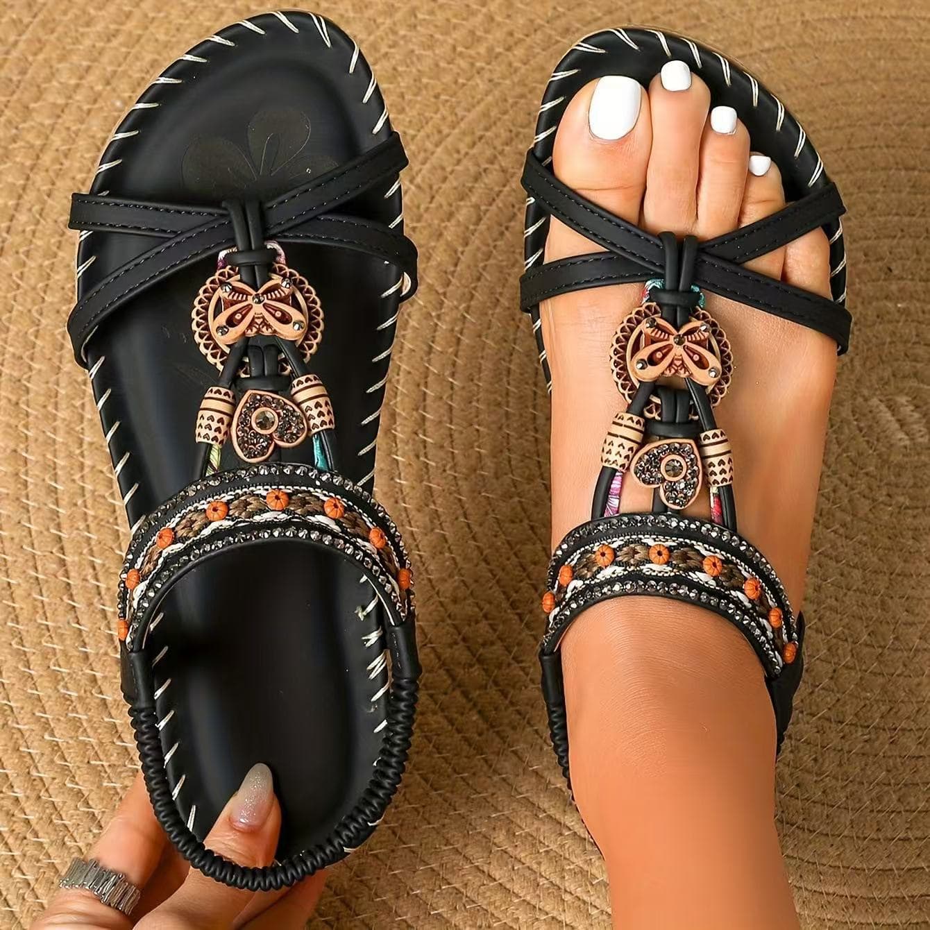 Bohemian Large Size Flat Bottom Flower Rhinestone Sandals Open Toe Outdoor Beach Sandals Comfortable Breathable Slip-On Shoes