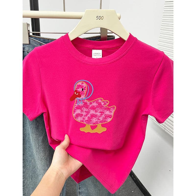 Fashionable Regular Shoulder Round Neck Short Sleeve T-Shirt for Women, 2026 New Korean Style Printed Plus Size Slimming Top