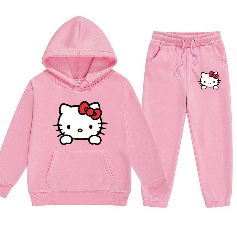 Cartoon Anime Cat Print Kids Hoodie and Pants Two-Piece Set for Boys and Girls