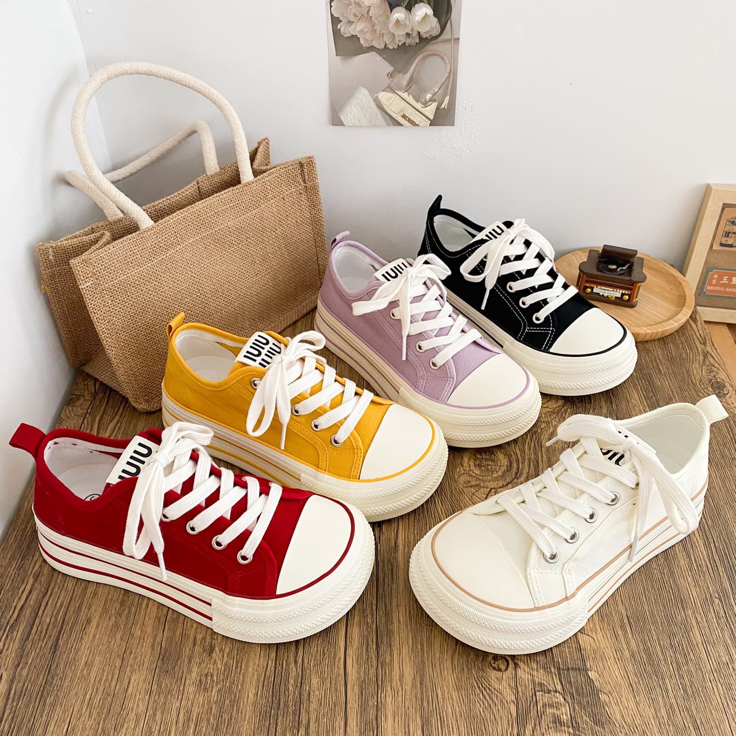 G1509 Latex Insole / Thick Sole Canvas Shoes for Women, Mango Toe Chunky Platform Sneakers 2025 New Style Thin White Shoes