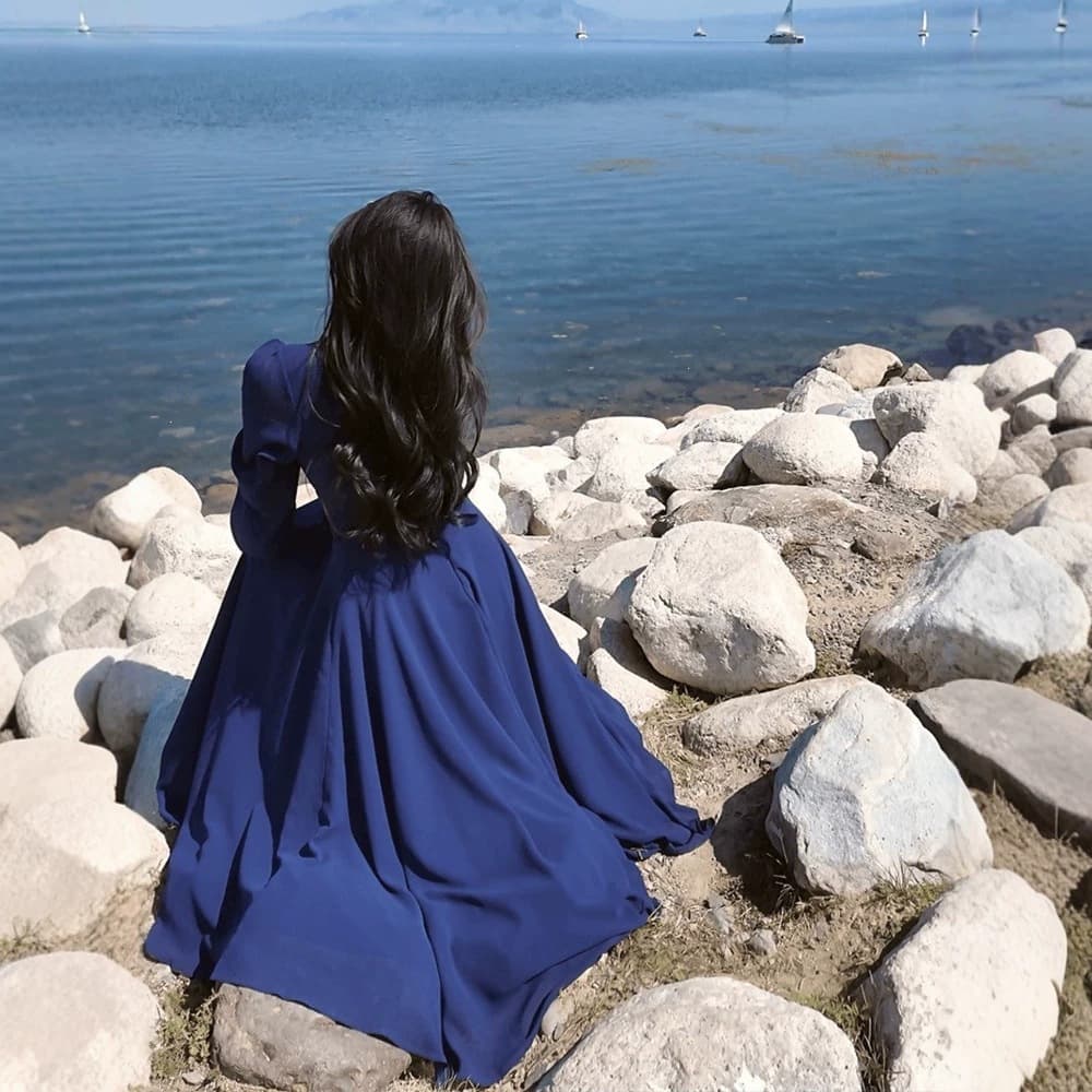 SYJ/Shuyijia French Sweet Gentle V-Neck Tie Long-Sleeve Dress for Women, Elegant & Chic Vacation Maxi Dress