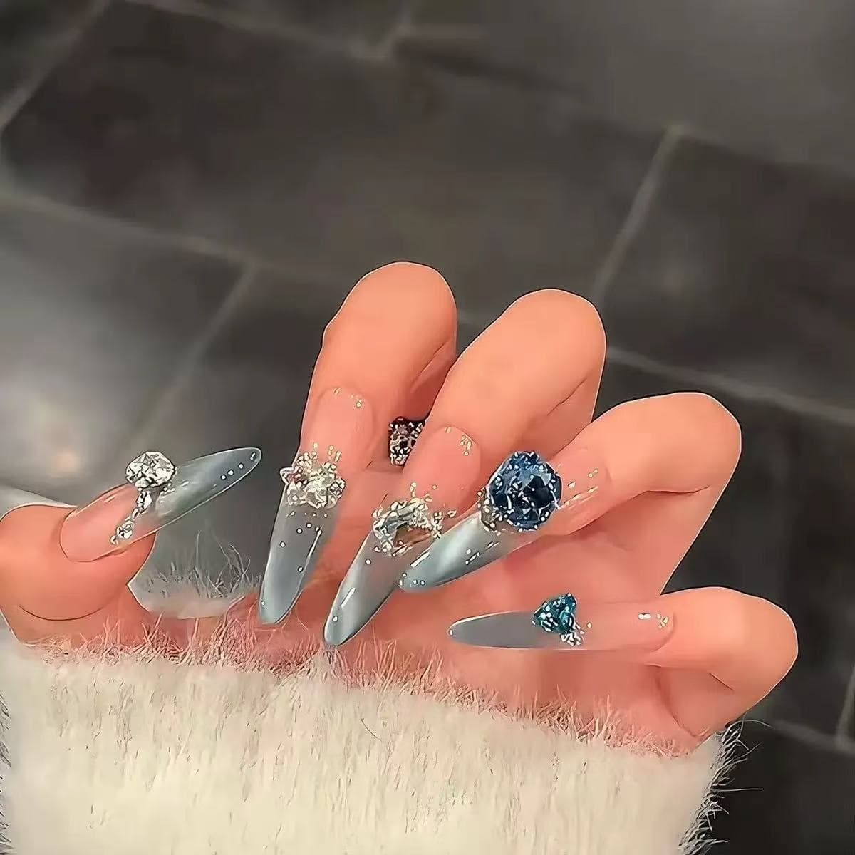 Handmade Press-On Nails Water Mirror Cat Eye Deep Blue Pure Allure Winter Clear High-End Fairy Blue Brightening Elegant Manicure