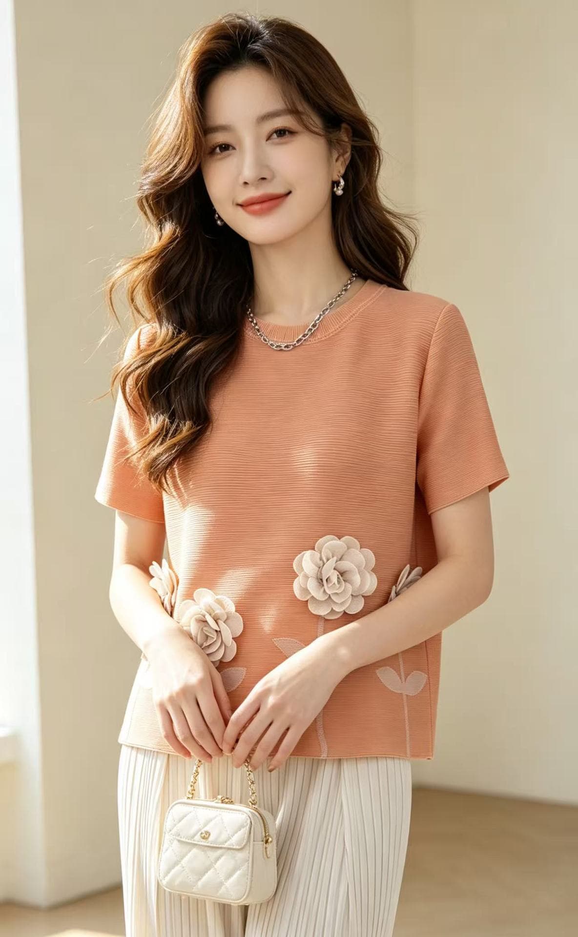 Miyake Pleated Three-Dimensional Camellia Pleated Top Women's Round Neck Loose Fit Belly Covering Mature Style Elegant Wear T-Shirt