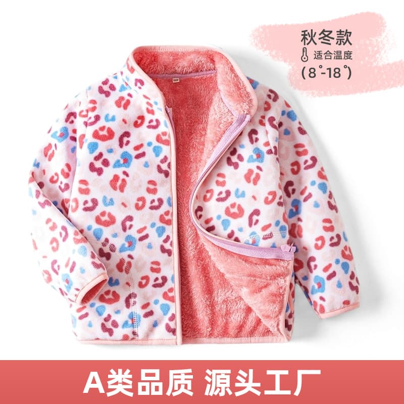 Kids Fleece Jacket Girls Pink Leopard Print Fleece Stand Collar Back to School Essential Thick Lined Jacket wy1088