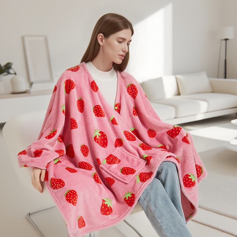 Custom spring/autumn printed flannel shawl blanket, extended lazy wearable leisure warm long homewear blanket