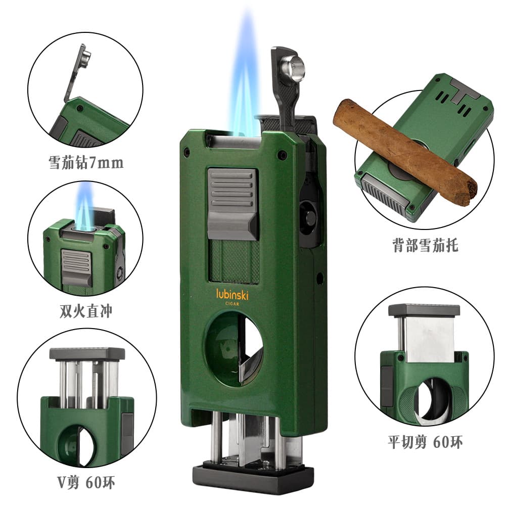 Cigar metal lighter five-in-one V-shaped cutter with cigar drill holder large diameter flat cut double flame cigarette lighter