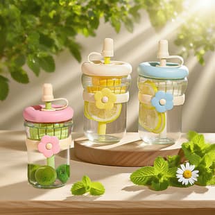 Custom Cute Glass Flower Cartoon Tea Strainer Cold Brew Herbal Tea Straw Direct Drink Cup Gift Water Cup for Female Students and Children