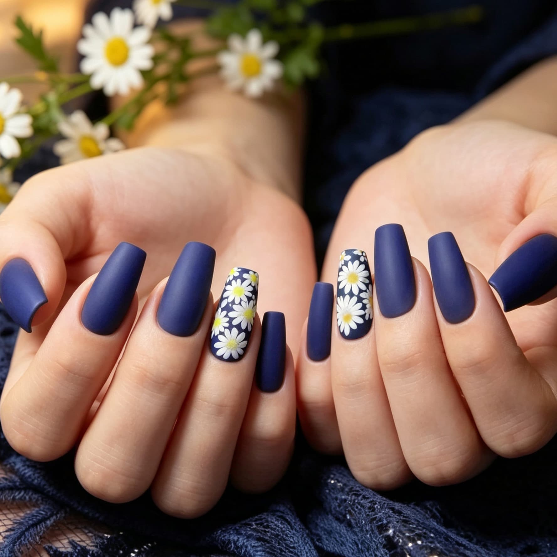 Hot Selling Export 24-Piece Summer Klein Blue Nail Art: Fresh Cute Little Daisy Long Ballet Press-On Nails Wholesale