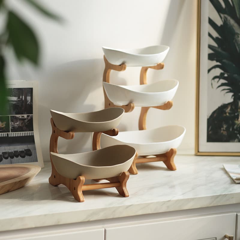 Nordic Ceramic Multi-Layer Fruit Tray with Detachable Wooden Stand, Home Living Room Coffee Table Dried Fruit Candy Dessert Plate