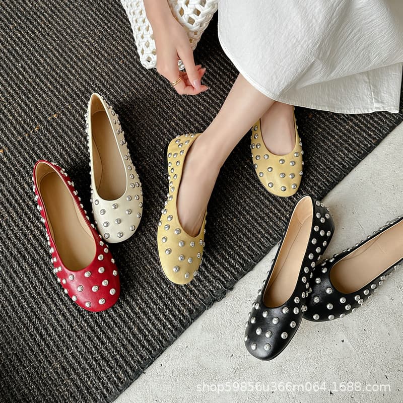 New Retro French-Style Studded Flat Shoes, Genuine Leather Slip-On Ballet Flats, All-Season Women's Shoes Without Label