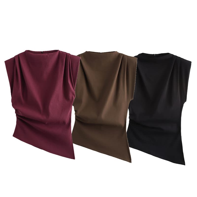 Foreign trade 2024 autumn new style European and American style female elegant sleeveless pleated decorative shoulder pad top 0085845