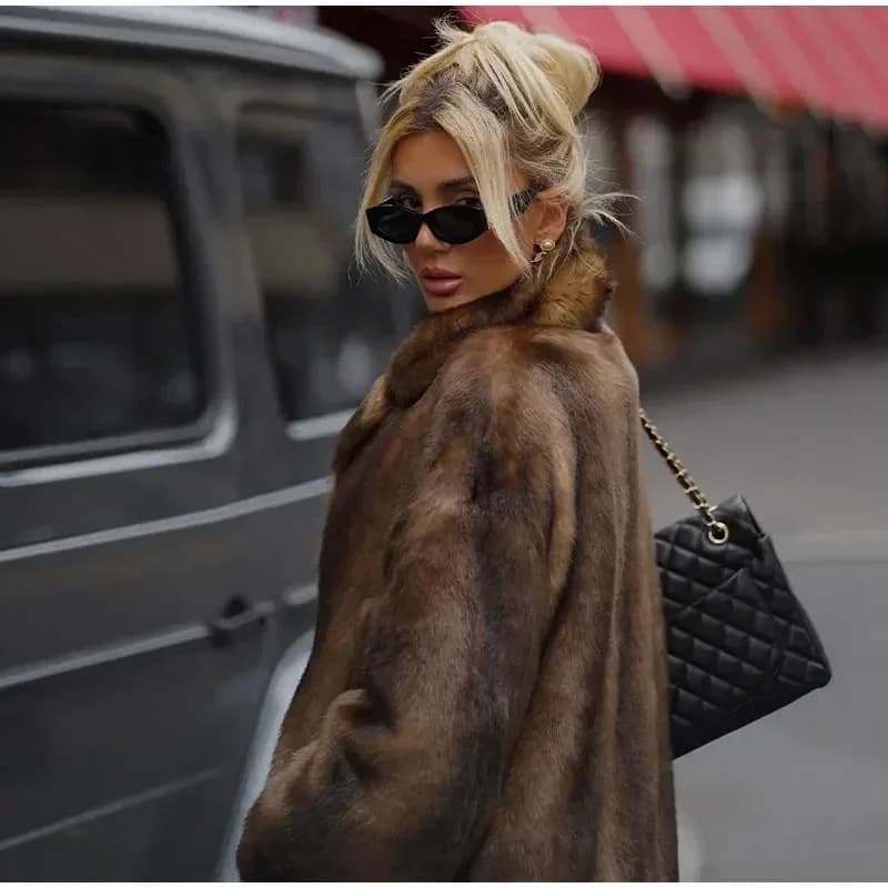 Cross-border European and American Style Long Faux Fur Mink Coat Women Winter Warm Fuzzy Jacket High-end Elegant Outerwear