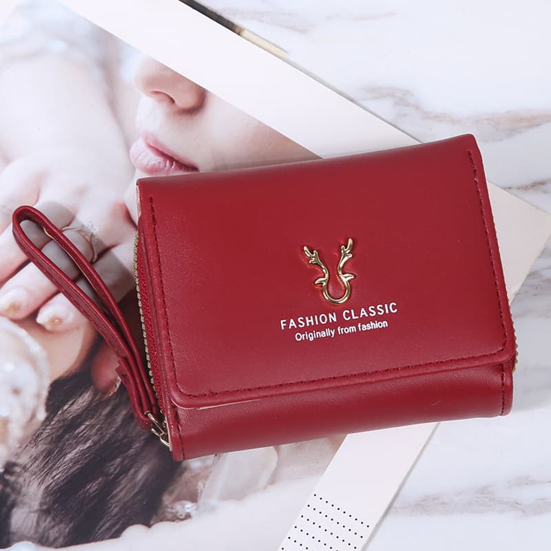 Slim Compact Ladies Wallet Mini Card Holder Coin Purse Two-In-One Fashionable Tri-Fold Deer Antler Handbag Urban Minimalist Style