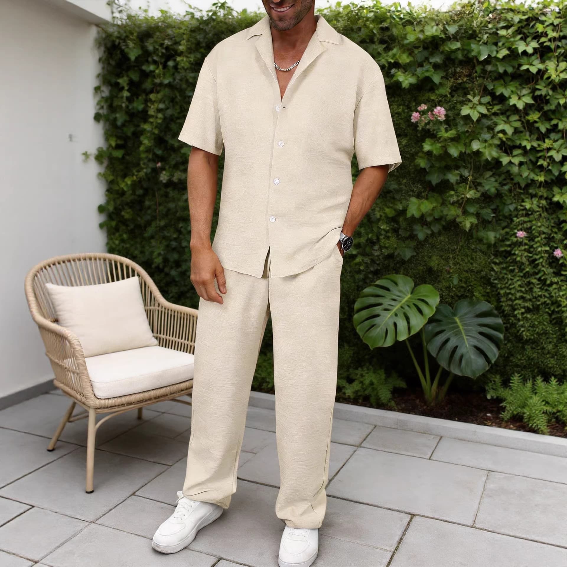 Summer Fashion Casual Short Sleeve Shirt Set Men's Trendy Light Luxury Solid Color Trendy Long Pants Two-Piece Set New