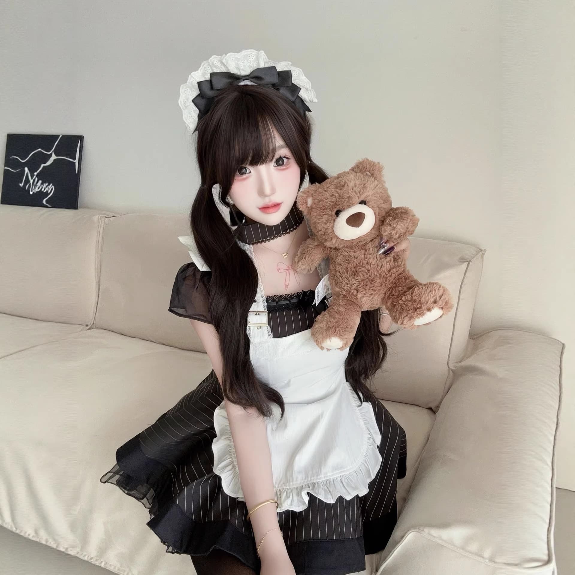 Retro black and white striped Lolita maid outfit subculture Japanese cute apron set cosplay dress