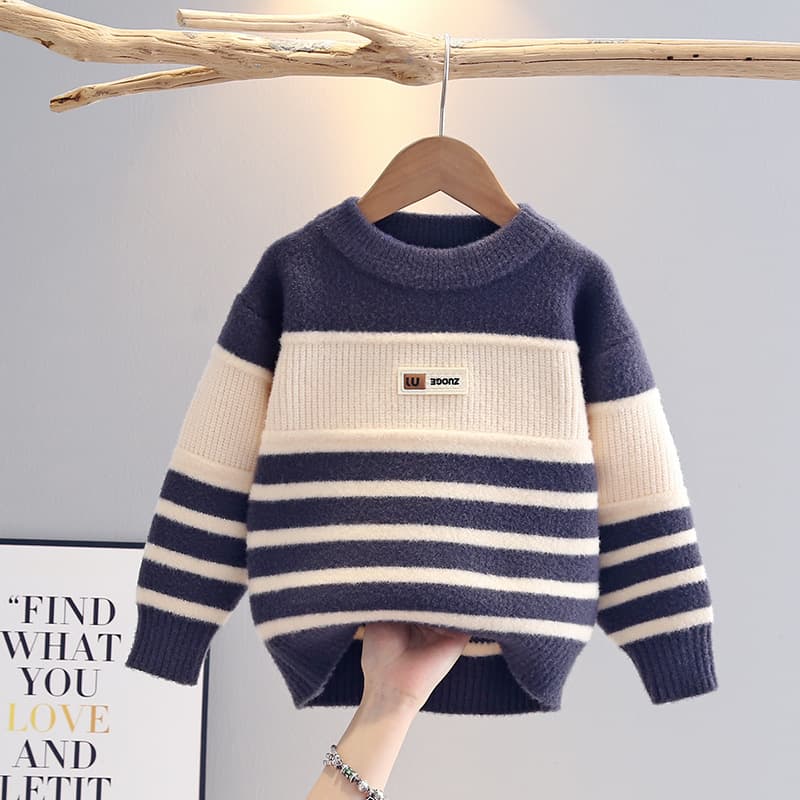 Boys' Sweater, New Autumn/Winter Korean Style Striped Contrast Color Round Neck Knit Pullover for Middle and Older Children