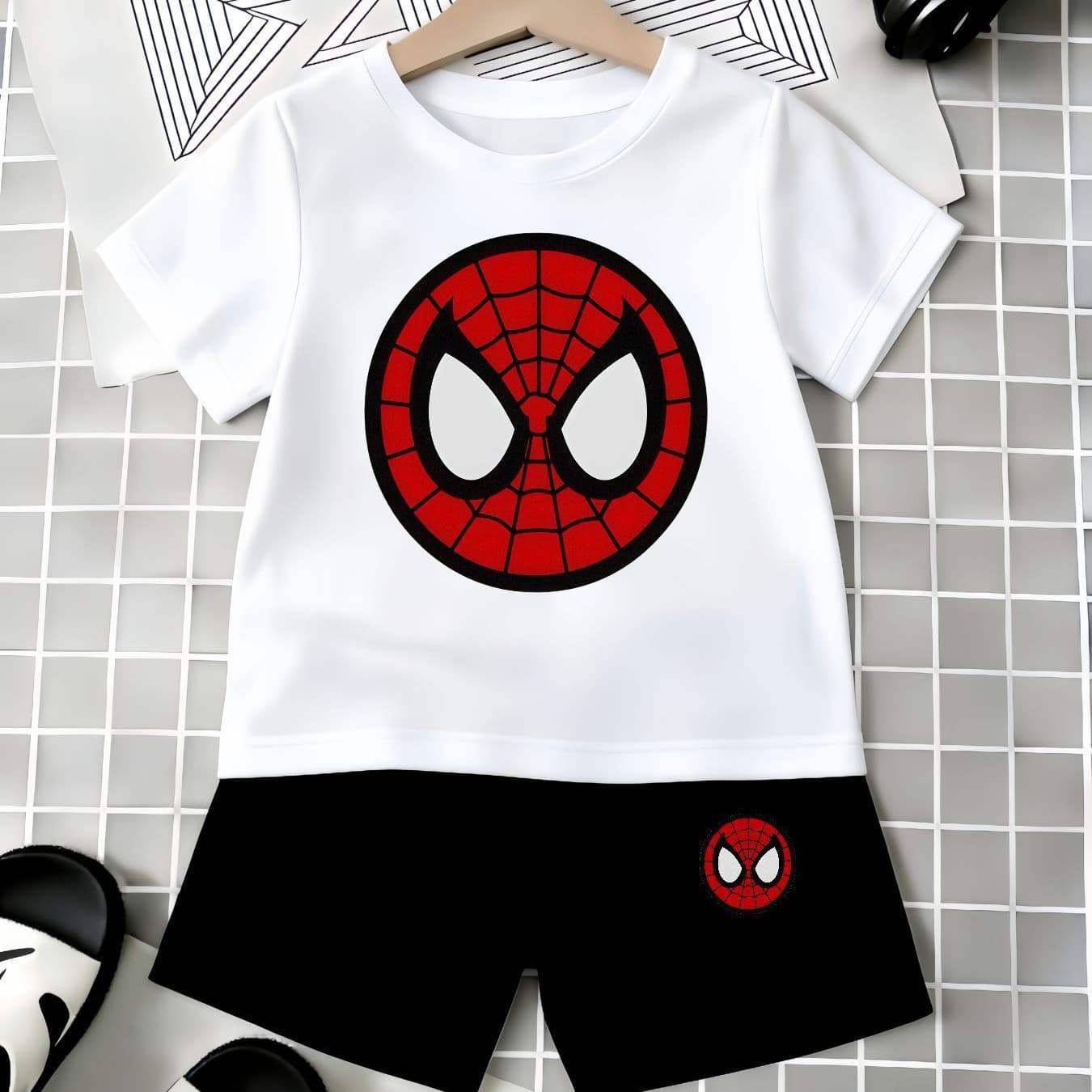 Spider Hero Cartoon Avatar Printed T-shirt Boys Shorts Two-piece Top Round Neck Loose Suit Ready in Stock