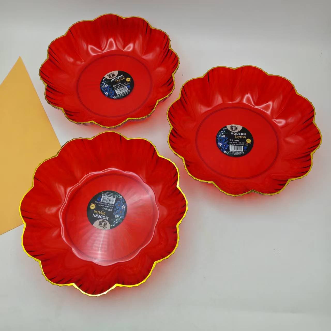 0945 Gold Rim Fruit Tray, Candy Tray, Red Dried Fruit Plate for Living Room, Engagement Decoration, Wedding Decoration Arrangement Plate